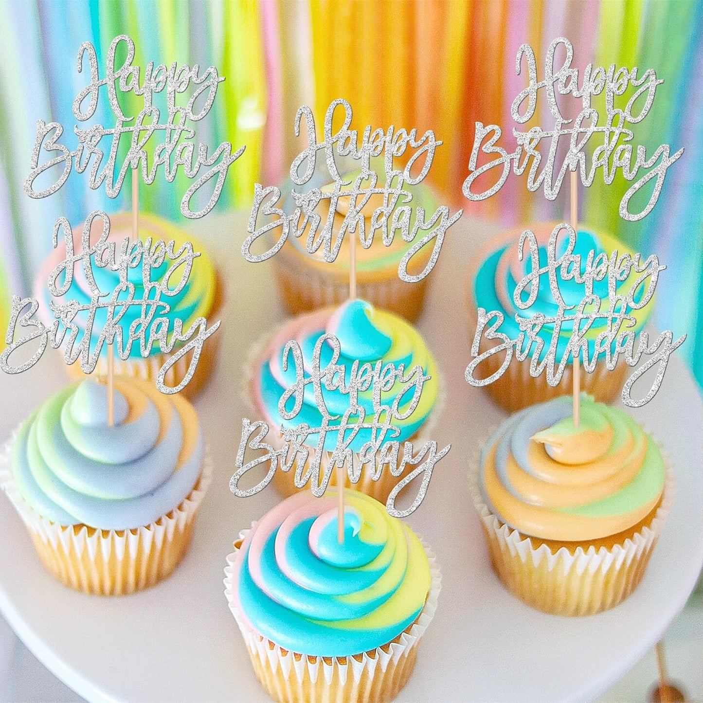 24 PCS Happy Birthday Cupcake Toppers Glitter Picks for Celebrating Anniversary Theme Party Cake Decorations Supplies Gold