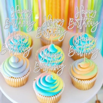 24 PCS Happy Birthday Cupcake Toppers Glitter Picks for Celebrating Anniversary Theme Party Cake Decorations Supplies Gold