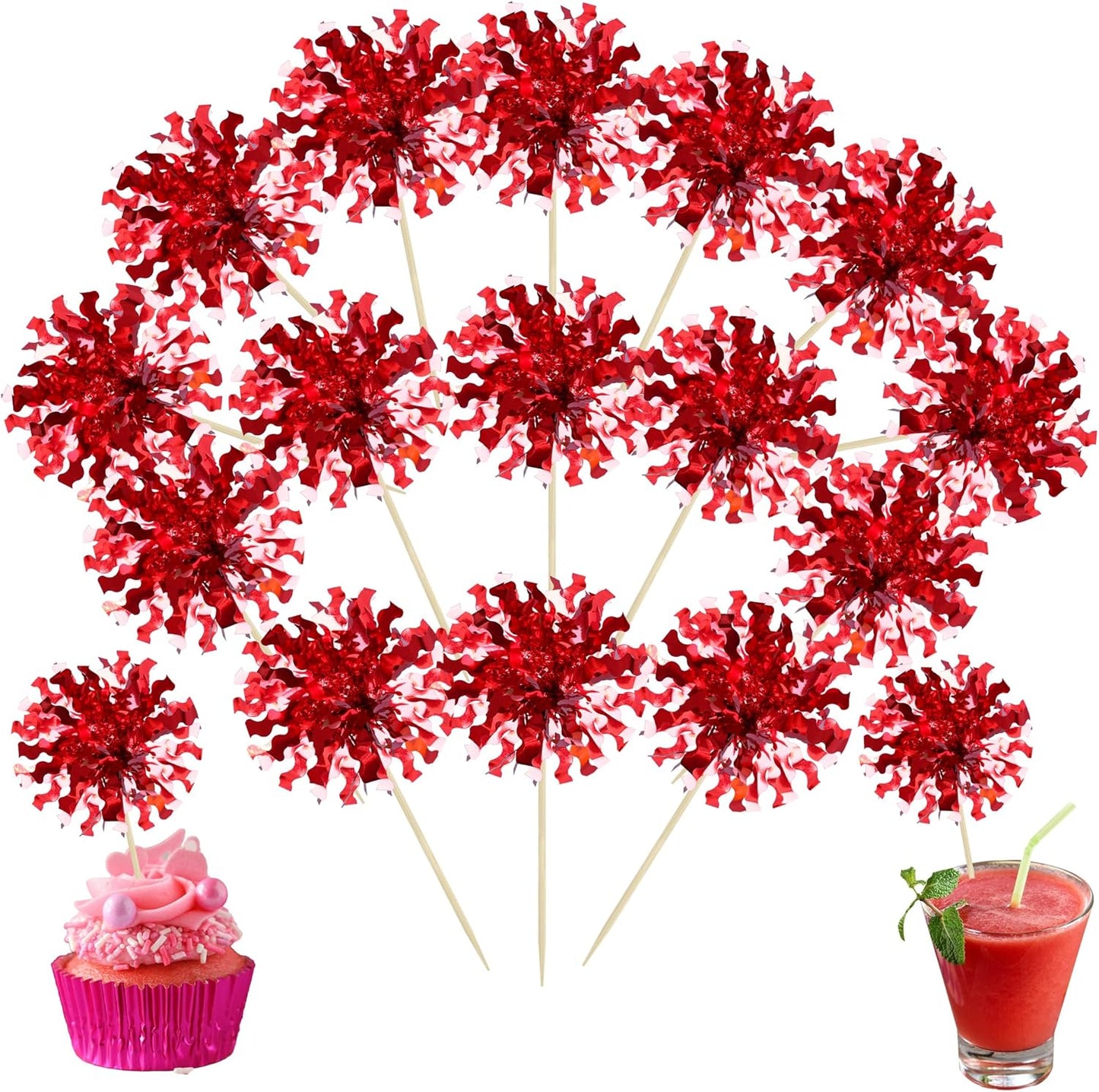 Ephlyn 30Pcs Foil Firework Cupcake Toppers Sparkle Tinsel Cupcake Picks Drink Stirrers Cocktail Food Fruit Toothpicks for Baby Shower Graduation Party Supplies White
