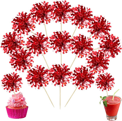 Ephlyn 30Pcs Foil Firework Cupcake Toppers Sparkle Tinsel Cupcake Picks Drink Stirrers Cocktail Food Fruit Toothpicks for Baby Shower Graduation Party Supplies White