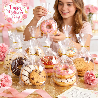 LOKQING Clear Cellophane Treat Bags 6 x 10 in, 100 Pack Mothers Day Gift Bags with Twist Ties, Bags for Cookies, Candy, Party Favors, Bakery Packaging and Small Gifts