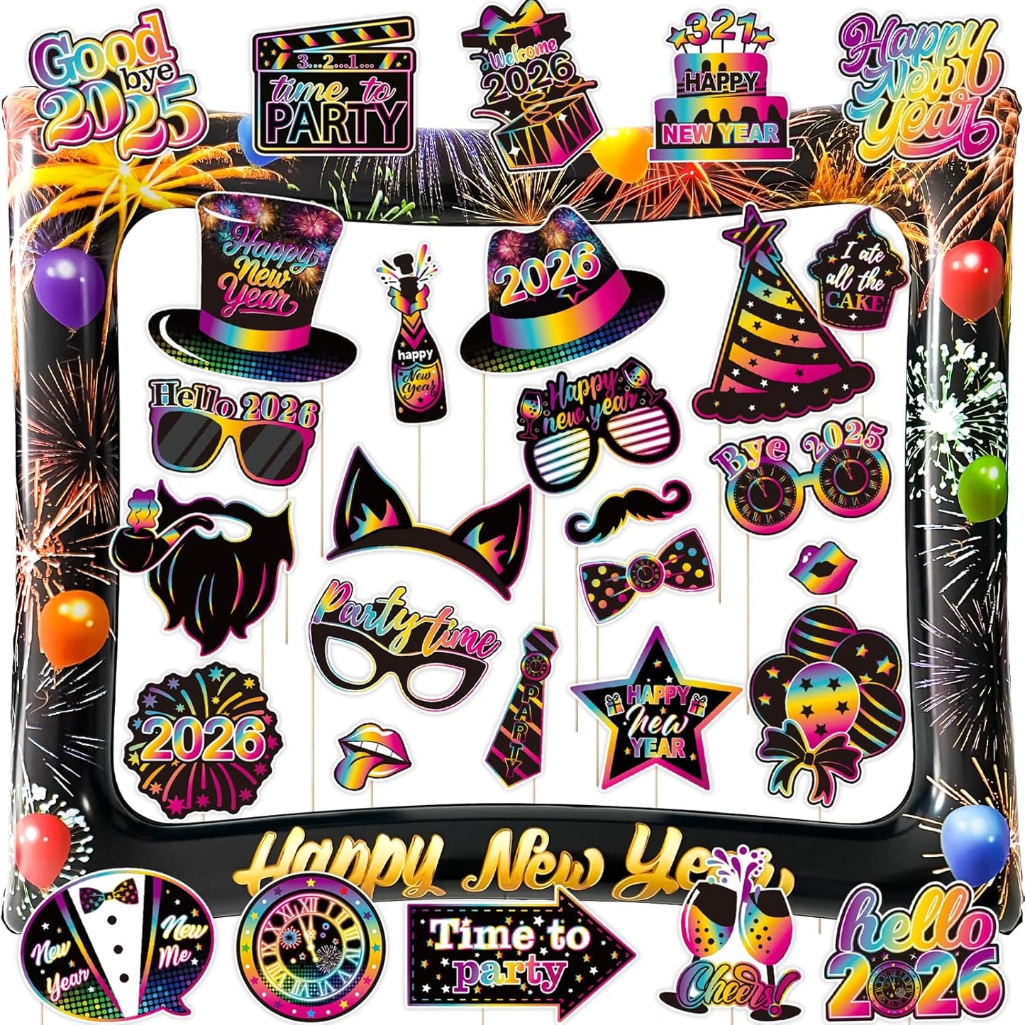 Hawaiian Photo Booth Props & Inflatable Frame, 30Pcs Luau Photobooth Props with Large Inflatable Inflatable Selfie Picture Frame for Summer Tropical Aloha Luau Party Selfie Supplies