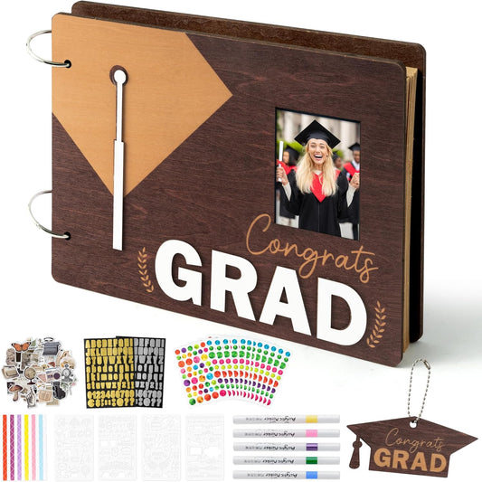 TICIAGA Congrats Grad Scrapbook Album Kit - 108PCS Large Wooden Graduation Photo Album Craft Set for Students, 11.8x8.6 Class of 2026 Memory Keepsake Book for High School College Graduation Party Gift