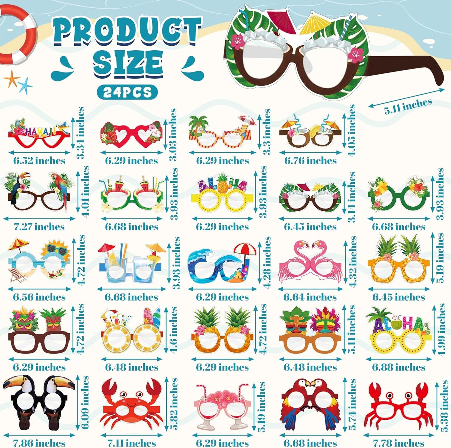 24PCS Hawaiian Party Decorations, Hawaiian Cardboard Glasses Bulk, Luau Party Sunglasses Frame Tropical Dress Pool Props Accessories, Hawaii Carnival Summer Pool Party Decorations for Women Men