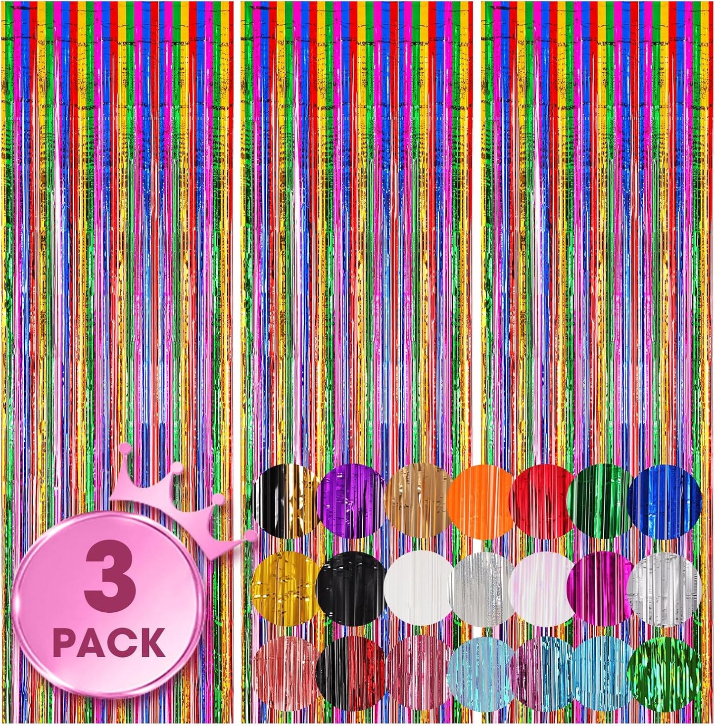 Voircoloria 3 Pack 3.3x8.2 Feet Gold Foil Fringe Backdrop Curtains, Tinsel Streamers, Fringe Backdrop for 2025 New Years Eve, Graduation, Birthday, Baby Shower, Gender Reveal, Disco Party - Colors A