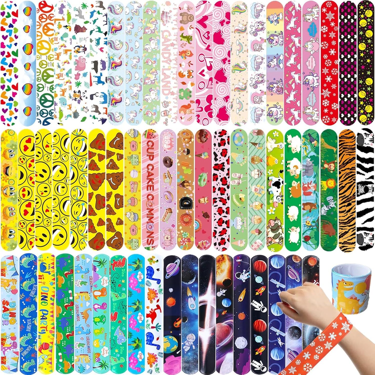 60 PCS Slap Bracelets for Kids, Christmas Gifts Colorful Bulk Wristbands with Galaxy, Dinosaurs, Donut, Valentine's Day, Easter, Halloween Party Favor, Birthday Gifts, Goodies Bag Fillers