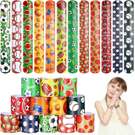 Deekin 48 Pcs Sports Party Favors Slap Bracelets Football Baseball Soccer Snap Bracelet Bands Slap Bands Colorful Decorations for Kids Birthday Party Supplies, 8.8 x 1.2 Inch