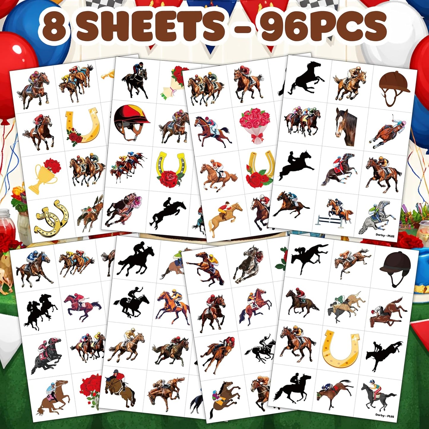 96 PCS Kentucky Derby Pre Cut Temporary Tattoos - Run For The Roses Horse Racing Fake Tattoos for Kids & Adults, Birthday Party Favors, Supplies & Classroom Prizes