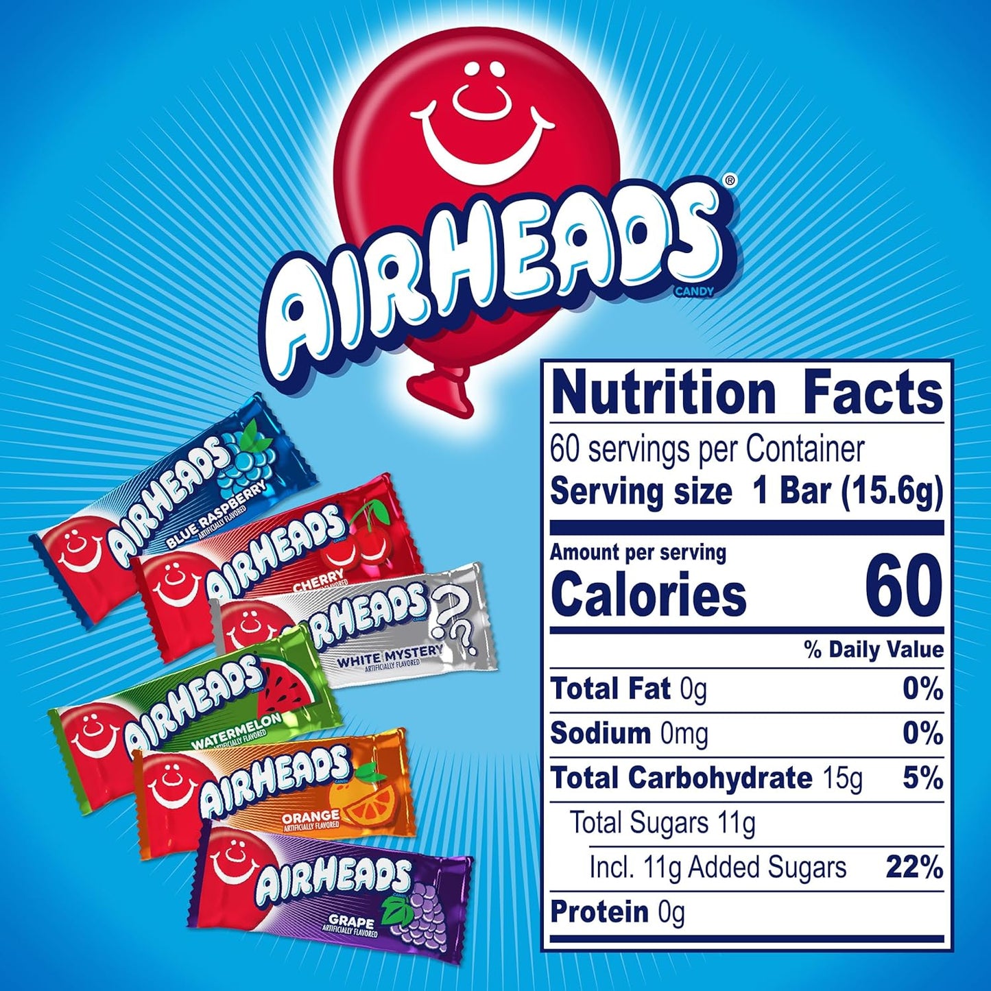 Airheads Full-Size Candy Bars, Taffy Candy Bulk Variety Pack, Individually Wrapped, Six Assorted Fruit Flavors Artificially Flavored, 60 Count Box