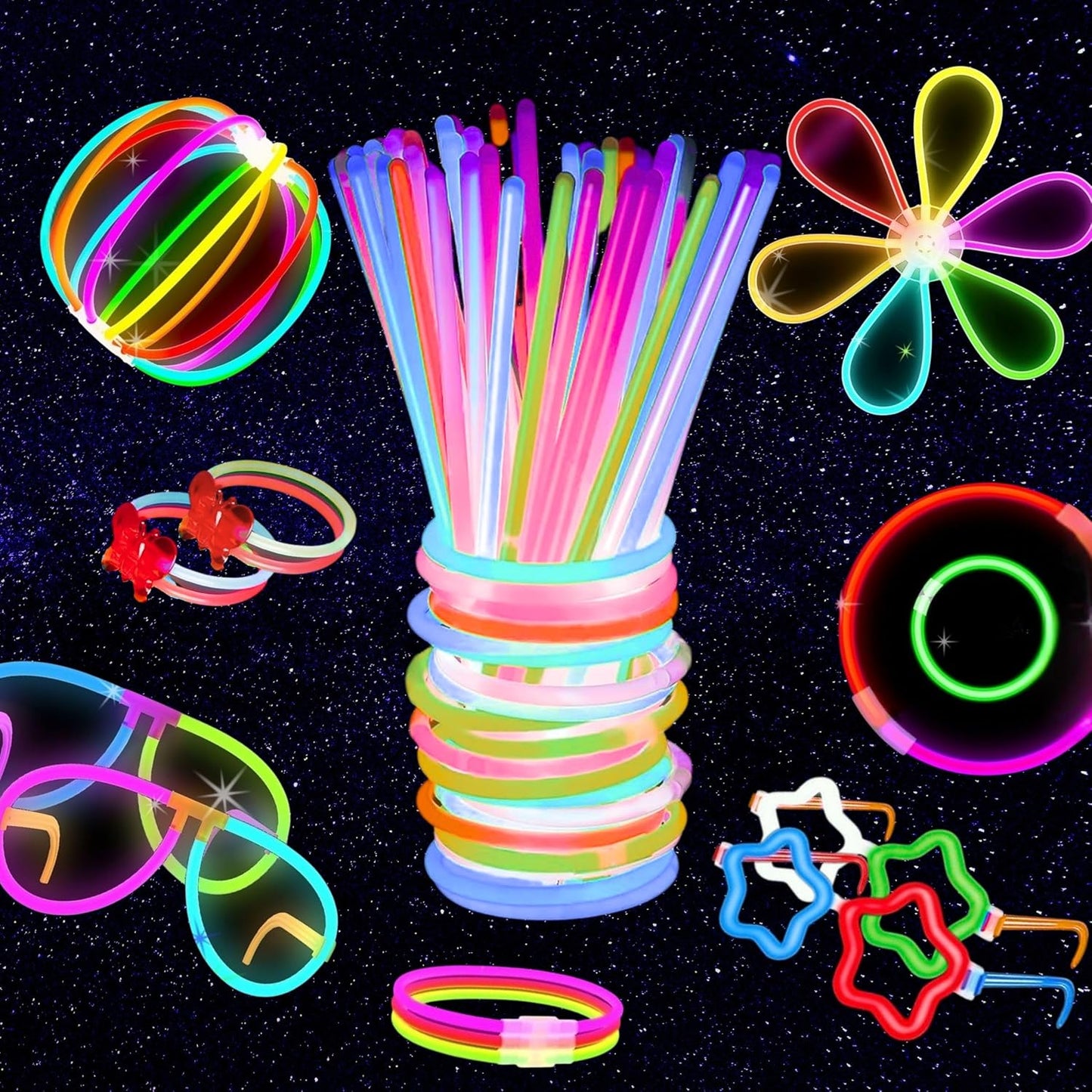 PartySticks Ultra Bright Bulk Party Supplies - Glow in The Dark Glow Sticks with Eye Glasses, Bracelets, and Connectors - Light Up Halloween 4th of July Party Favors
