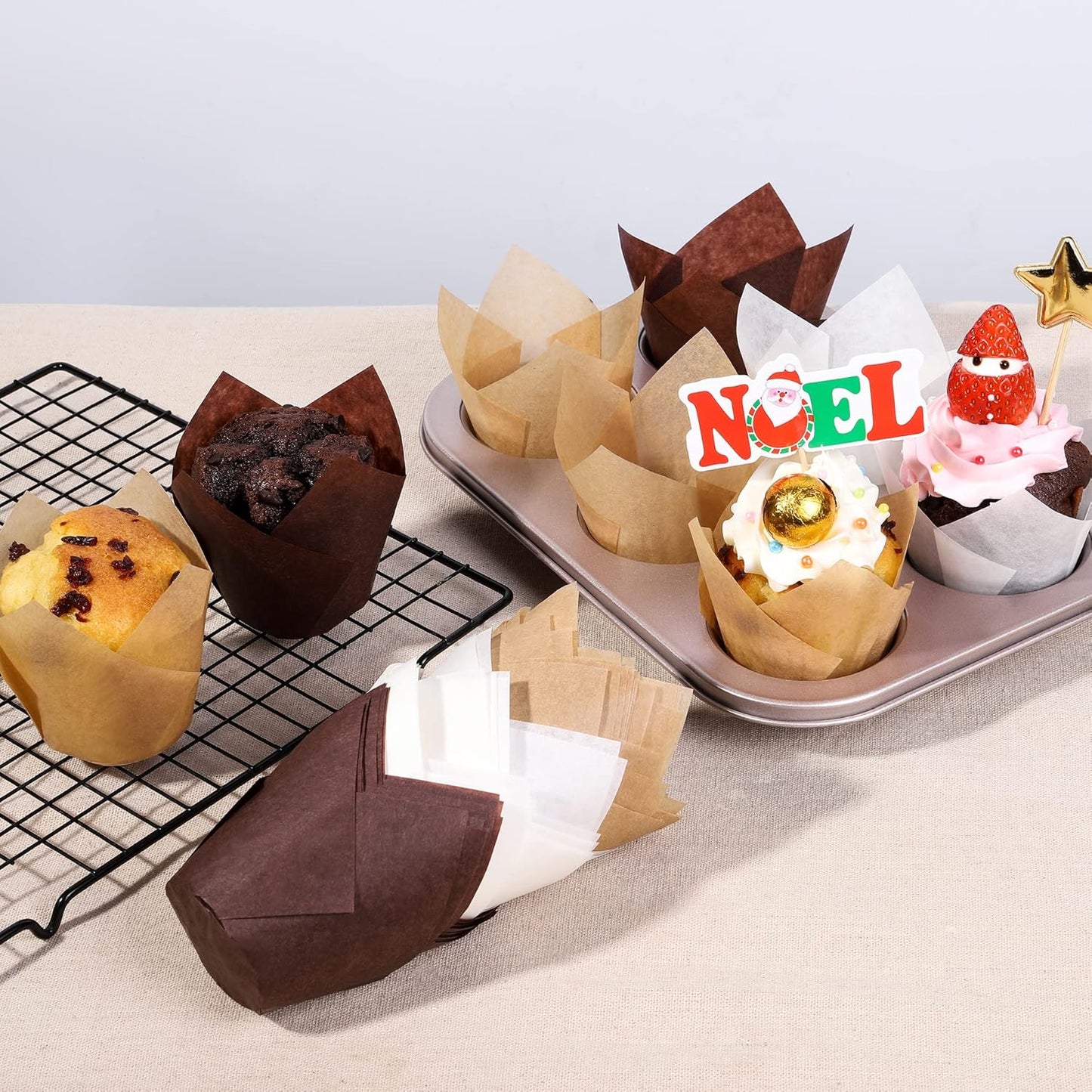 Bake Choice Nordic Paper 100pcs Extra Large Size Natural Tulip Cupcake Liners for Baking, Large Muffin Liners, Cupcake Wrapper for Party, Christmas