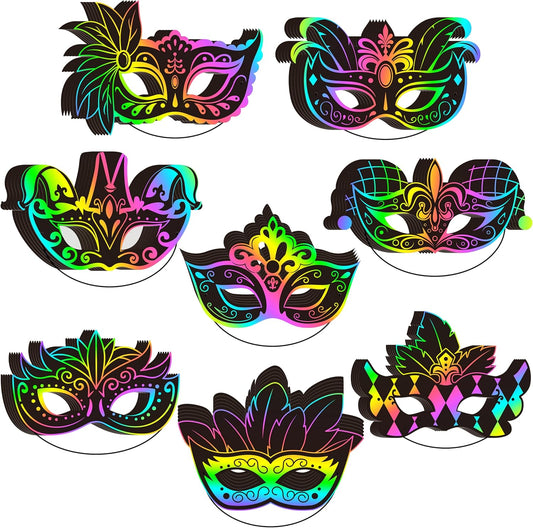 WATINC Mardi Gras Scratch Cards - 32pcs Carnival Prom Mask Art Craft Kit for Kid, Masquerade Party DIY Magic Color Scratch Paper, Scratchboard Off Card for Mardi Gras Costume Party Decoration Supplies