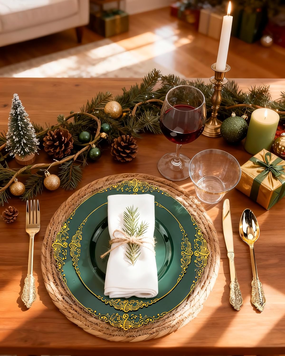 Nervure 350PCS Gold Plastic Plates - Gold Plastic Dinnerware Sets for 50 Guests - 100 Disposable Plates, 150 Silverware, 50 Cups, 50 Napkins for Wedding & Party & Mothers Day