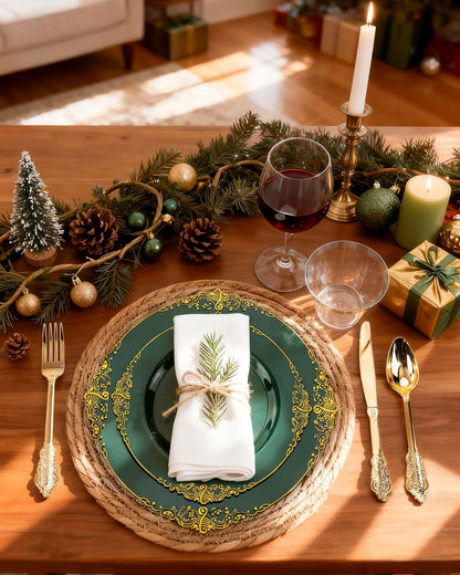 Nervure 350PCS Gold Plastic Plates - Gold Plastic Dinnerware Sets for 50 Guests - 100 Disposable Plates, 150 Silverware, 50 Cups, 50 Napkins for Wedding & Party & Mothers Day