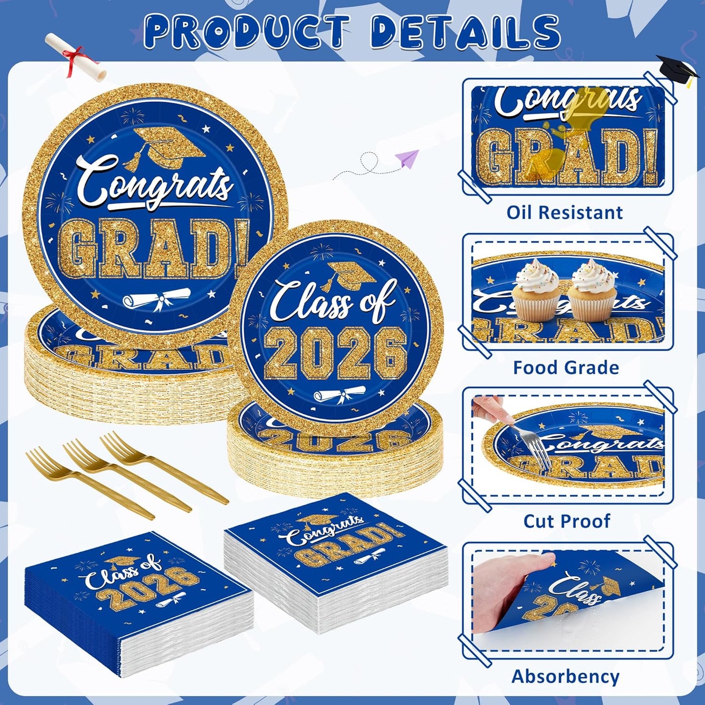 200Pcs Graduation Decorations 2026, Blue Graduation Plates and Napkins Party Supplies for 50 Guests, Disposable Grad Plates, Napkins, Dessert Plates and Forks for Grad Decor Wedding Birthday Supplies