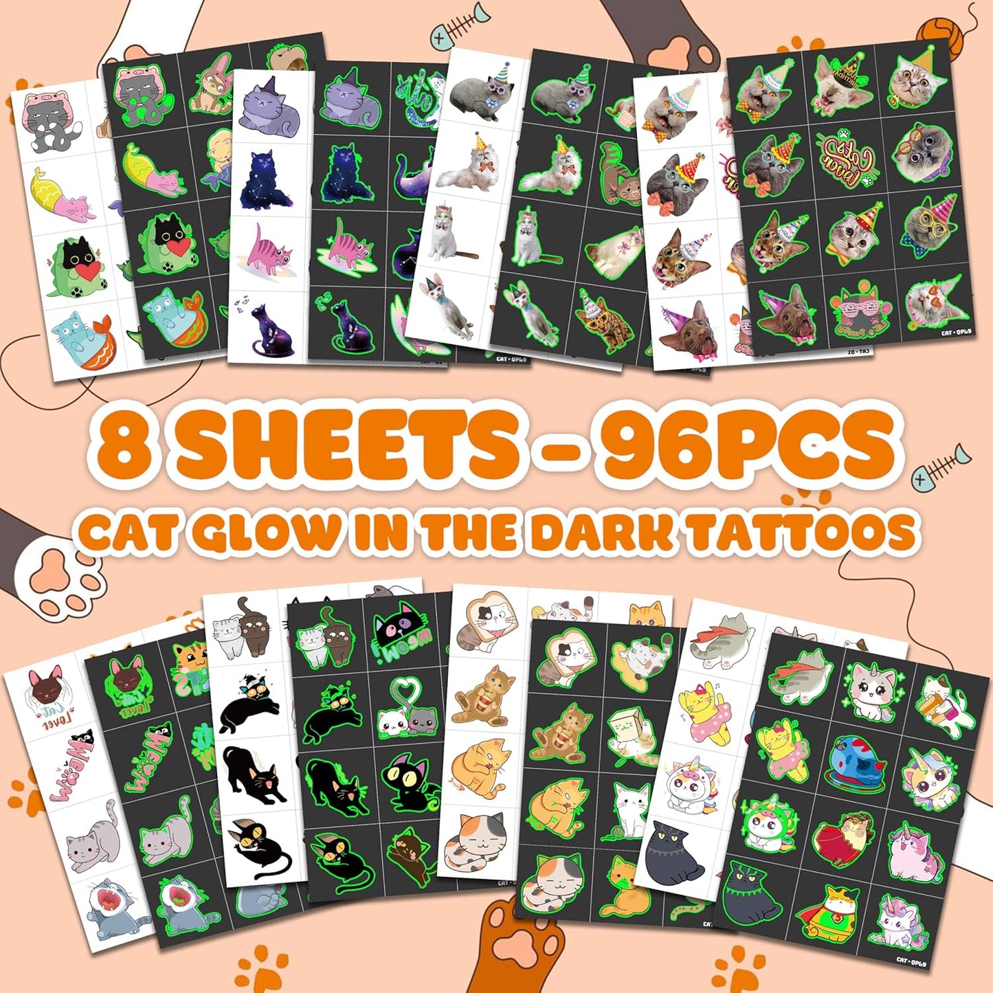 96 PCS Cat Cats Pet Pre-Cut Temporary Tattoos for Kids | Super Cute Themed Birthday Party Favors, Supplies, Decorations, Animal Paw Fake Tattoo Stickers Gifts for Boys Girls Rewards