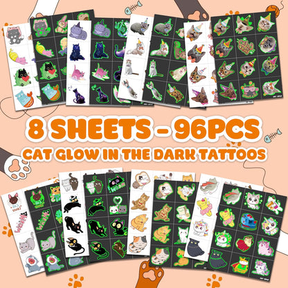 96 PCS Cat Cats Pet Pre-Cut Temporary Tattoos for Kids | Super Cute Themed Birthday Party Favors, Supplies, Decorations, Animal Paw Fake Tattoo Stickers Gifts for Boys Girls Rewards