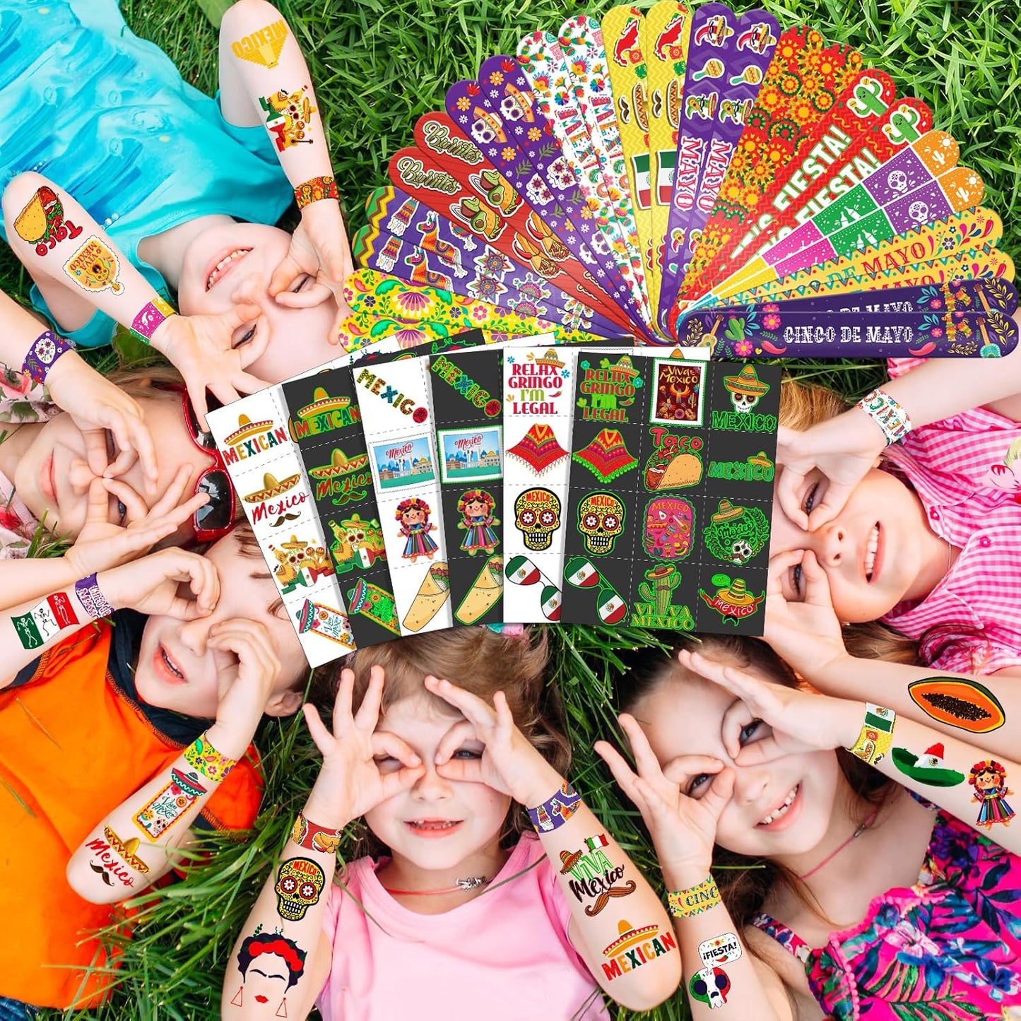 96 PCS Mexican Fiesta Party Favors – 72 Glow & Regular Tattoos + 24 Slap Bracelets, Perfect for Cinco de Mayo, Birthdays & Cultural Celebrations