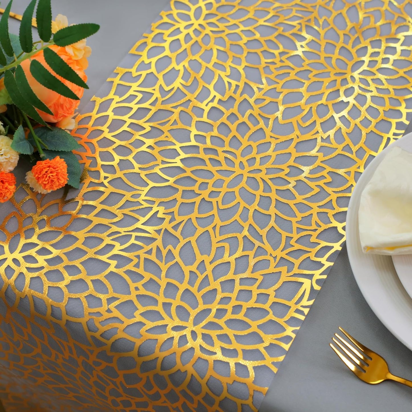 Snowkingdom 2 Pieces Gold Table Runner, Sequin Glitter Foil Metallic Thin Mesh Runner Roll 11"x108", Gold Table Decorations for Event Party, Wedding, Birthday Party, Christmas