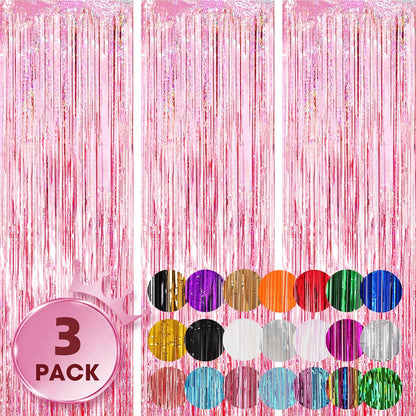 Voircoloria 3 Pack 3.3x8.2 Feet Gold Foil Fringe Backdrop Curtains, Tinsel Streamers, Fringe Backdrop for 2025 New Years Eve, Graduation, Birthday, Baby Shower, Gender Reveal, Disco Party - Colors B