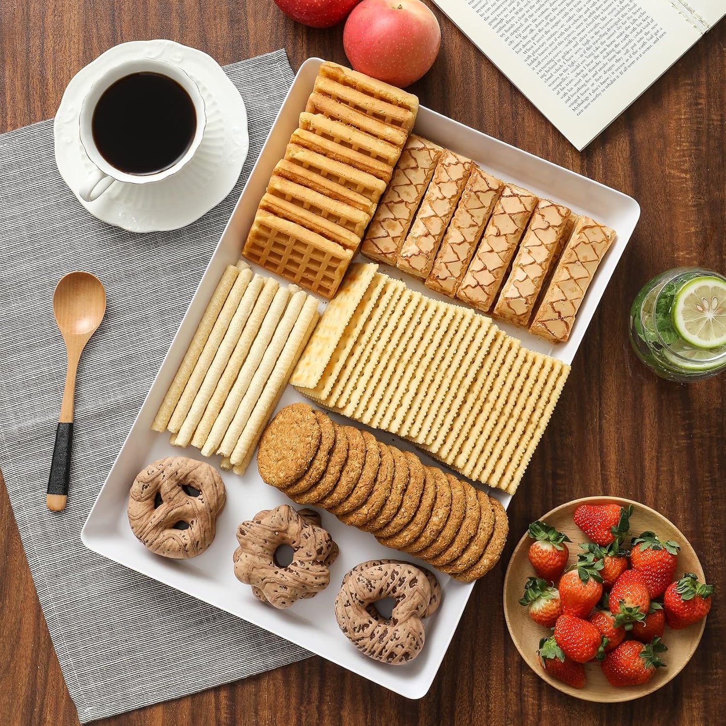 4-Pack Plastic 16" x 11" Large White Serving Trays Set - Reusable Serving Platters for Cookie, Appetizer, Charcuterie, Snack, Dessert, Party Food Display - Stackable Kitchen CounterTop Tray, BPA Free