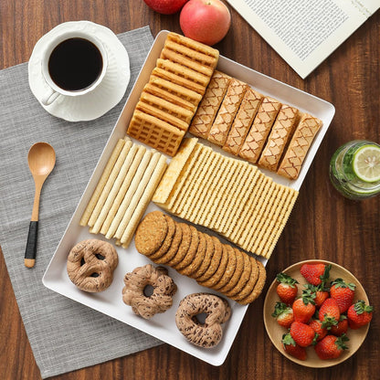 4-Pack Plastic 16" x 11" Large White Serving Trays Set - Reusable Serving Platters for Cookie, Appetizer, Charcuterie, Snack, Dessert, Party Food Display - Stackable Kitchen CounterTop Tray, BPA Free