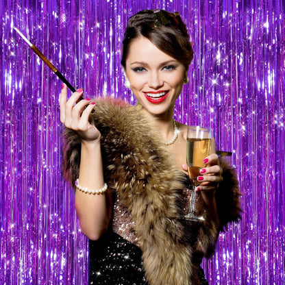 GCB 2Pack Black Metallic Tinsel Foil Fringe Curtains, Black Foil Curtain Backdrop, Photo Booth Props for Birthday Wedding Baby Shower Bachelorette Xmas Celebration Party Decorations Door Streamers