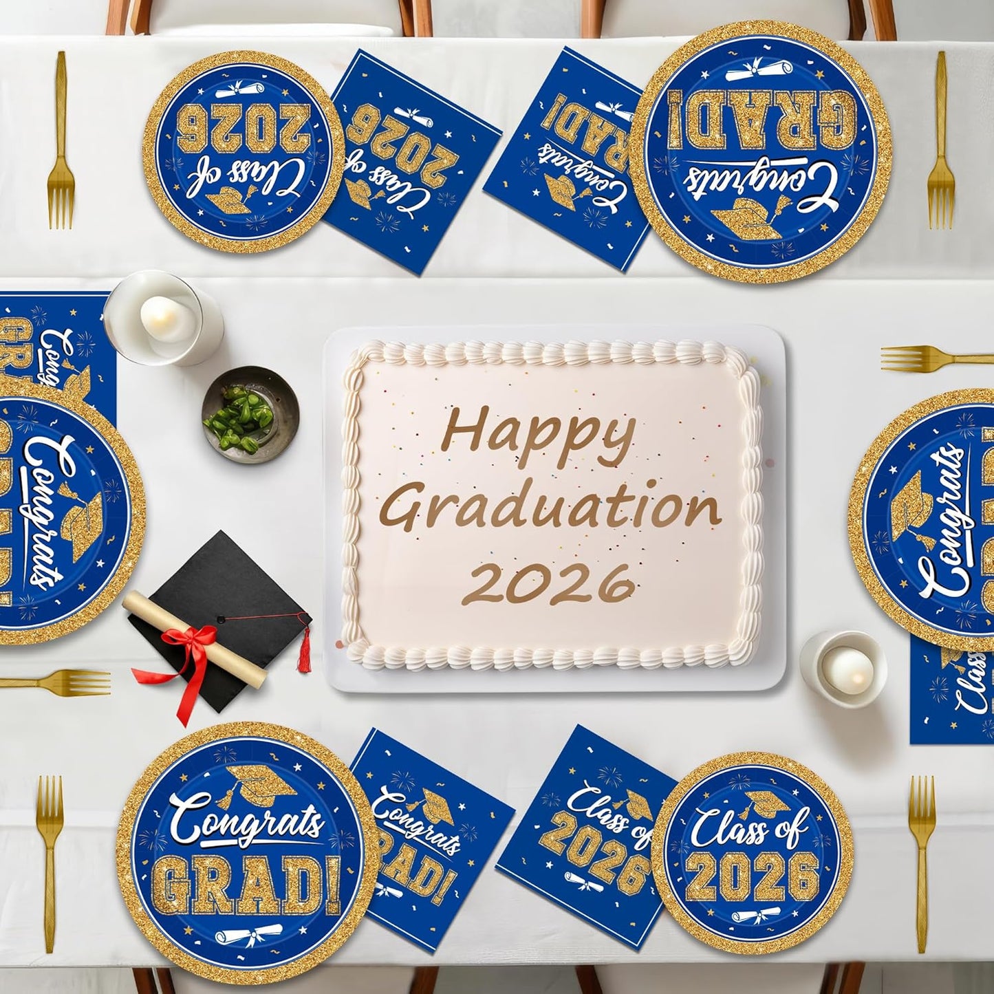 200Pcs Graduation Decorations 2026, Blue Graduation Plates and Napkins Party Supplies for 50 Guests, Disposable Grad Plates, Napkins, Dessert Plates and Forks for Grad Decor Wedding Birthday Supplies
