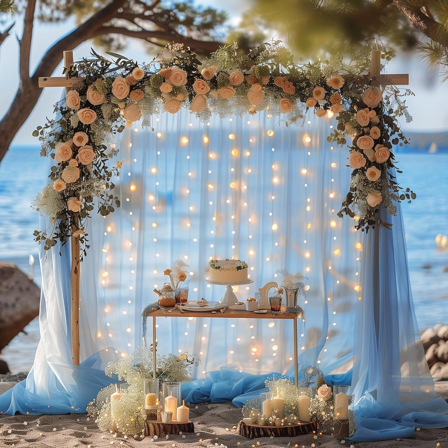 Fomcet Tulle Backdrop Curtains with Lights String White 10FT X 8FT Sheer Curtain with Lights Tulle Curtains Backdrop for Wedding Birthday Party Baby Shower Photo Shoot (2 Panels 5x8FT)