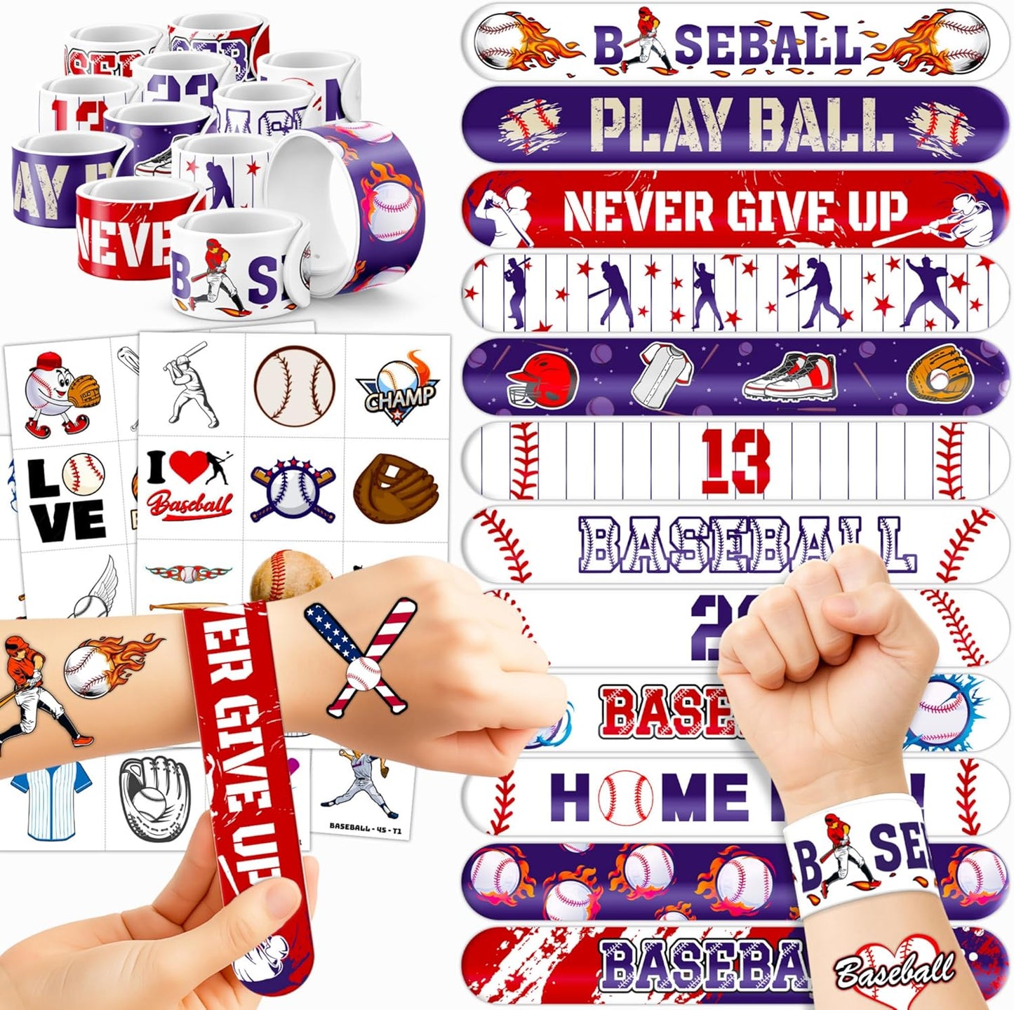 72PCS Baseball Party Favors - 48 Pre-Cut Tattoos & 24 Slap Bracelets for Kids, Perfect for Sports-Themed Birthdays, School Prizes, and Classroom Rewards
