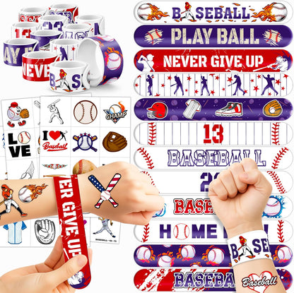 72PCS Baseball Party Favors - 48 Pre-Cut Tattoos & 24 Slap Bracelets for Kids, Perfect for Sports-Themed Birthdays, School Prizes, and Classroom Rewards