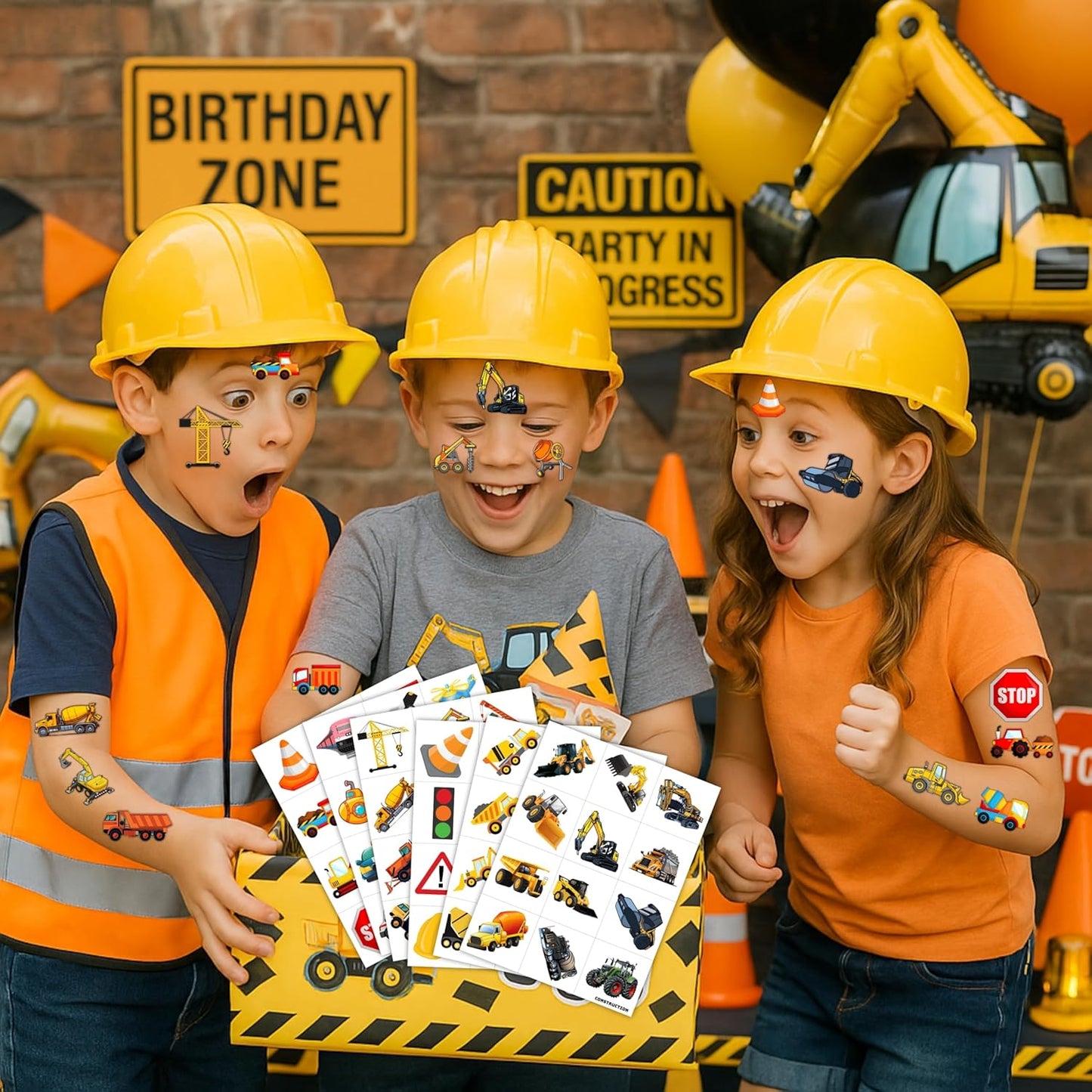 Construction Temporary Tattoos Birthday Party Supplies Decorations 96PCS Tattoos Stickers Vehical Excavator Bulldozer Cute Party Favors Kids Girls Boys Gifts Classroom School Prizes Themed