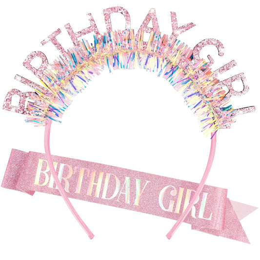 COCIDE Birthday Girl Headband & Sash - Birthday Crown for Women & Girls Pink Glitter Letter Tiara Birth Day Decorations Accessories Gift for Her (A1 Pink)