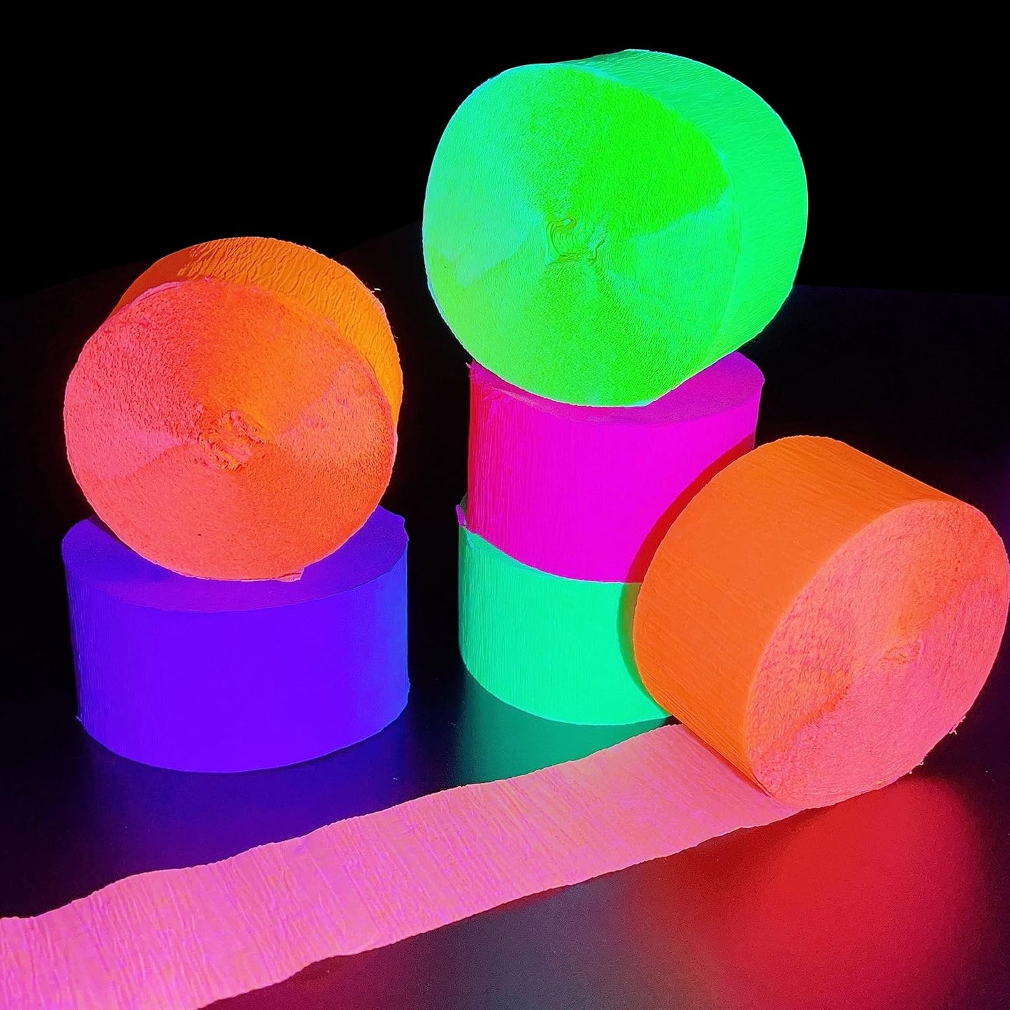 600 feet Glow Crepe Paper Streamers UV Glow Party Neon Streamer Decorations Glow in The Dark Black Light Reactive Fluorescent Neon Paper Party Streamers Wedding Birthday Blacklight Party Supplies