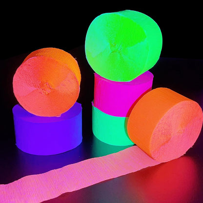 600 feet Glow Crepe Paper Streamers UV Glow Party Neon Streamer Decorations Glow in The Dark Black Light Reactive Fluorescent Neon Paper Party Streamers Wedding Birthday Blacklight Party Supplies