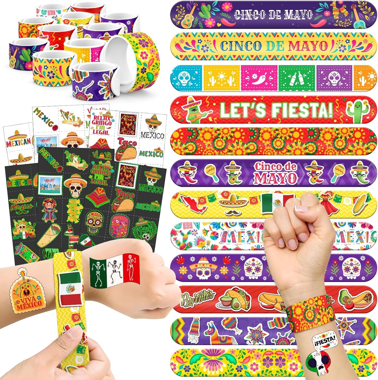 96 PCS Mexican Fiesta Party Favors – 72 Glow & Regular Tattoos + 24 Slap Bracelets, Perfect for Cinco de Mayo, Birthdays & Cultural Celebrations