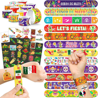 96 PCS Mexican Fiesta Party Favors – 72 Glow & Regular Tattoos + 24 Slap Bracelets, Perfect for Cinco de Mayo, Birthdays & Cultural Celebrations
