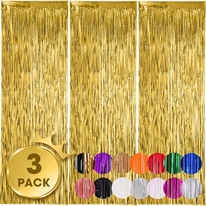 Voircoloria 3 Pack 3.3x8.2 Feet Gold Foil Fringe Backdrop Curtains, Tinsel Streamers, Fringe Backdrop for 2025 New Years Eve, Graduation, Birthday, Baby Shower, Gender Reveal, Disco Party - Colors A