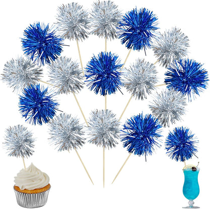Ephlyn 30Pcs Foil Firework Cupcake Toppers Sparkle Tinsel Cupcake Picks Drink Stirrers Cocktail Food Fruit Toothpicks for Baby Shower Graduation Party Supplies White