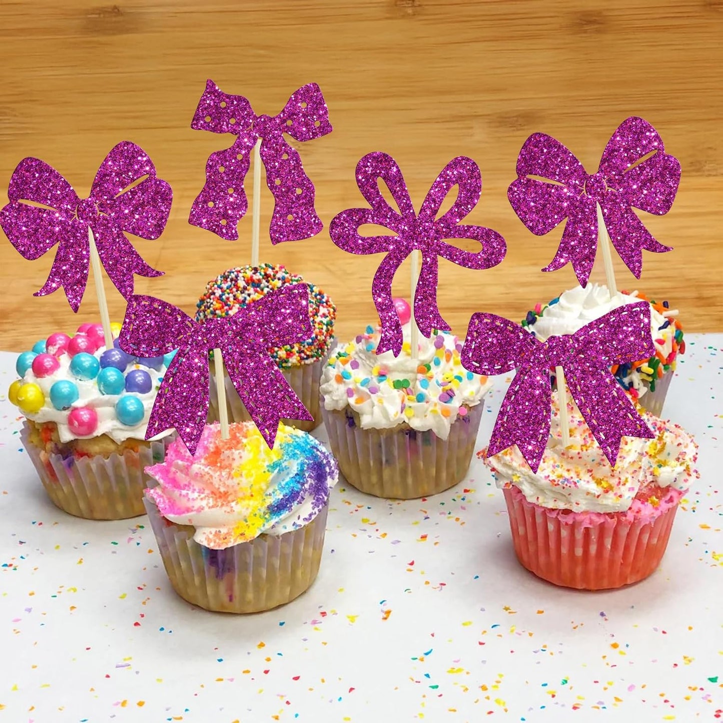 Ephlyn 24Pcs Pink Bow Cupcake Toppers Bow Birthday Cake Topper Girls Birthday Party Decorations Bowknot Cupcake Decorations for Bridal Wedding Themed Party Multi