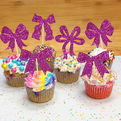Ephlyn 24Pcs Pink Bow Cupcake Toppers Bow Birthday Cake Topper Girls Birthday Party Decorations Bowknot Cupcake Decorations for Bridal Wedding Themed Party Multi