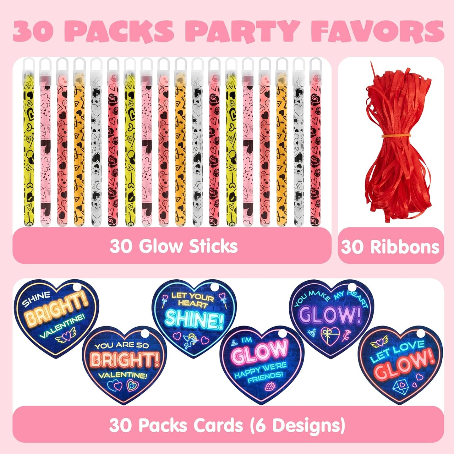 JOYIN 30 Packs Valentine's Day Gifts Cards with Bright Large Glow Sticks for Valentine's Party Favors, Waterproof Glow Sticks for Valentines Classroom Exchange Toy, Valentine School Classroom Prizes