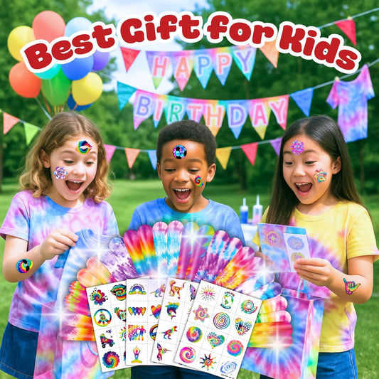Cherisnowy 72PCS Tie Dye Party Set 48PCS Temporary Tattoos & 24PCS Slap Bracelets Colorful Birthday Supplies, Baby Shower Gifts, Classroom Rewards & Party Decor for Kids (Boys & Girls)
