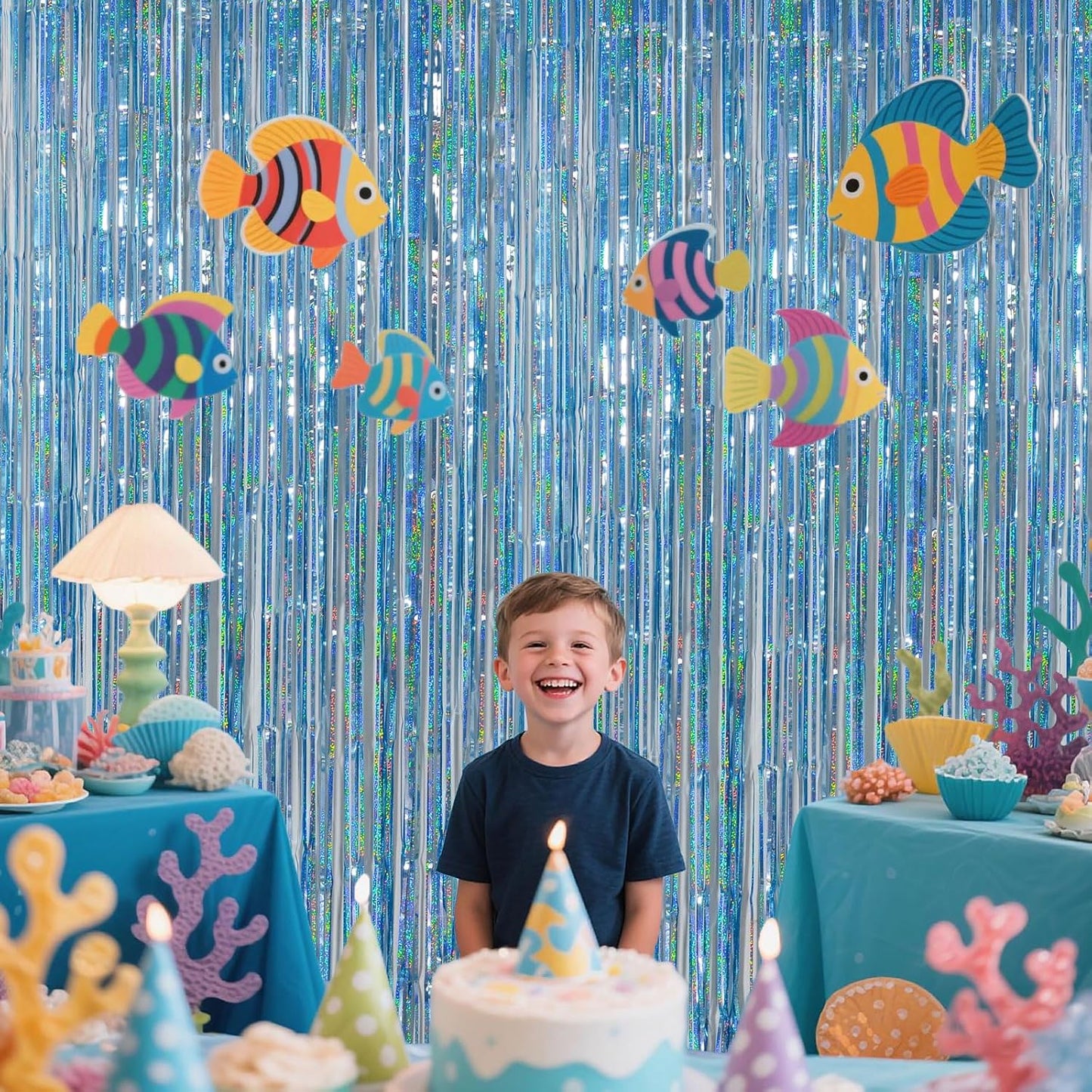 Iridescent Party Decorations Fringe Backdrop, Sparkling Holographic Foil Fringe Tinsel Curtains for Frozen Mermaid Birthday Party Decor - 3.28x6.56ft 2 Packs