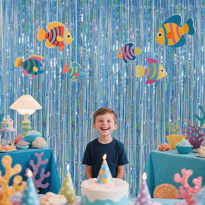 Iridescent Party Decorations Fringe Backdrop, Sparkling Holographic Foil Fringe Tinsel Curtains for Frozen Mermaid Birthday Party Decor - 3.28x6.56ft 2 Packs