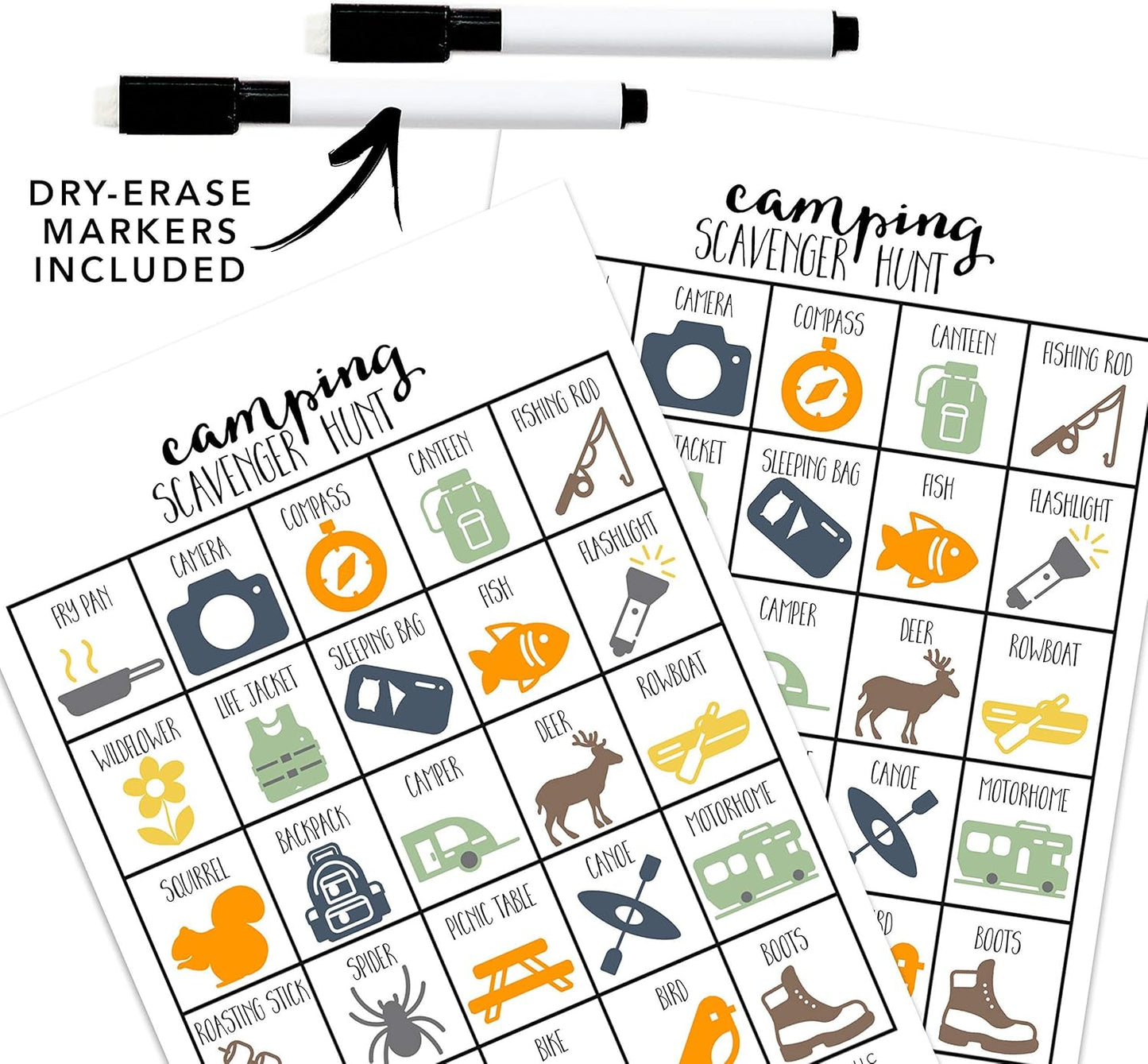 Camping Scavenger Hunt Games for Kids, Outdoor or Indoor, Birthday Party, Road Trip, Travel Activities, Includes 10 Dry Erase Markers and Cards, Family Game Night