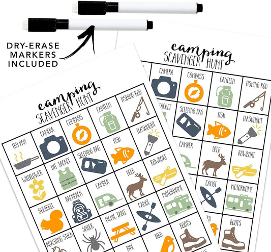 Camping Scavenger Hunt Games for Kids, Outdoor or Indoor, Birthday Party, Road Trip, Travel Activities, Includes 10 Dry Erase Markers and Cards, Family Game Night