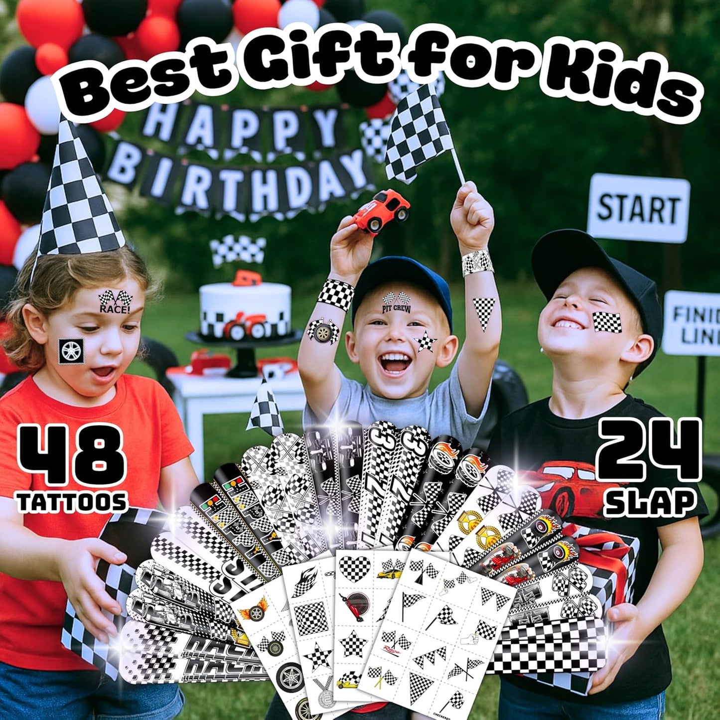 72PCS Checkered Flag Party Set - 48PCS Temporary Tattoos & 24PCS Slap Bracelets - Racing-Themed Birthday Supplies, Baby Shower Gifts, Classroom Rewards & Party Decor