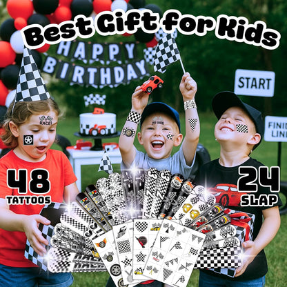 72PCS Checkered Flag Party Set - 48PCS Temporary Tattoos & 24PCS Slap Bracelets - Racing-Themed Birthday Supplies, Baby Shower Gifts, Classroom Rewards & Party Decor