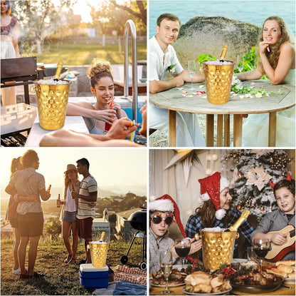 BARsics 5-Quart Metal Golden Champagne Bucket, Hammered Mirror Finish Stainless Steel Ice Bucket for Party, Wedding, Banquet (Gold)